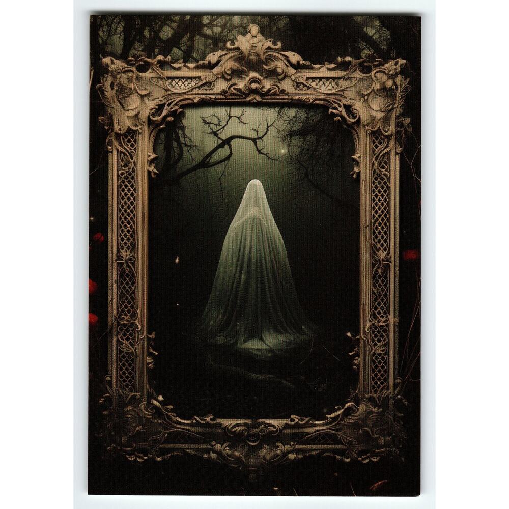 Eerie Ghost in Ornate Frame Halloween Photochrome Postcard 5.5x4"